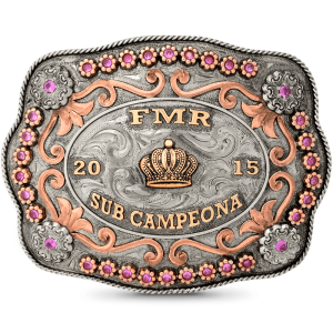 A custom belt buckle trophy for women featuring a queen crown figure, coloured berries and copper scrolls 